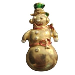 Vintage Goldtone Snowman Brooch with Green Hat